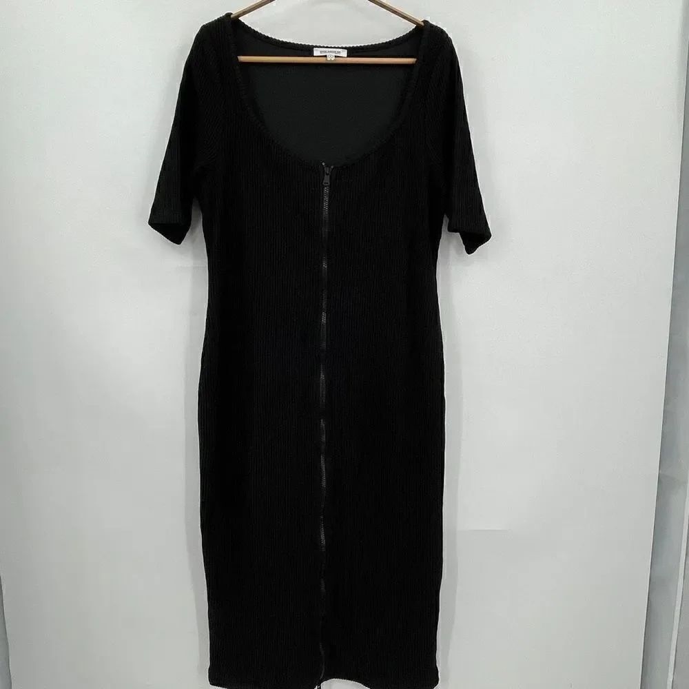 Good American Black Dramatic Zip Ribbed Bodycon Knit Midi Dress Size 5